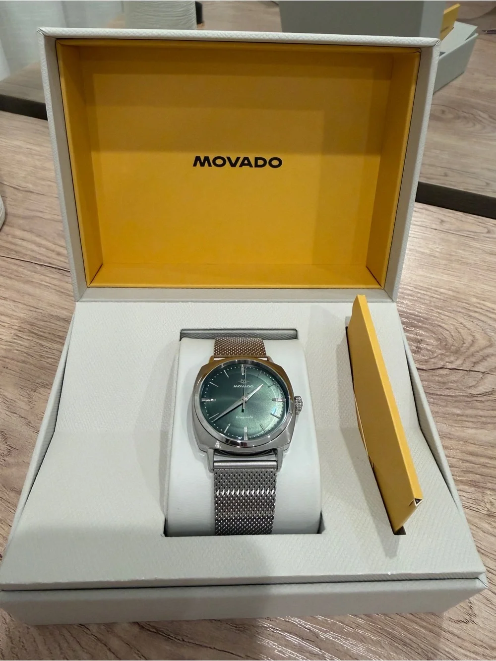 Movado Silver Watch with Green Dial and Mesh Bracelet